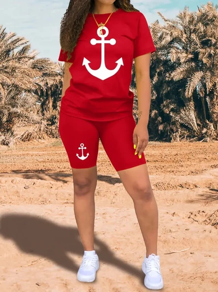 Kadın Kısa Kollu çapa Baskılı Viskon Ikili Takım - Resim 3