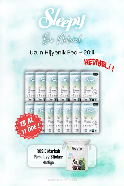 Sleepy 13 AL 11 ÖDE Bio Natural Hijyenik Ped 20'li ve ROSIE ürün görseli