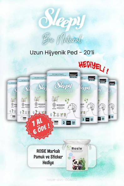 7 AL 6 ÖDE Sleepy Bio Natural Hijyenik Ped 20'li ve ROSIE ürün görseli