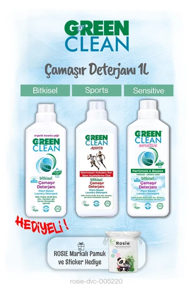 Green Clean Çamaşır Deterjanları 1 L x 3 ve Rosie Pamuk Hediye ürün görseli