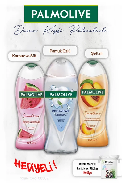 Palmolive 3'lü Duş Jeli Pamuk Özlü 500 ml, Şefali 450 ml, Karpuz 450 ml, ROSIE hediye ürün görseli