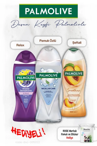 Palmolive 3'lü Duş Jeli Relax 500 ml, Pamuk Özlü 500 ml, Şefali 450 ml, ROSIE hediye ürün görseli