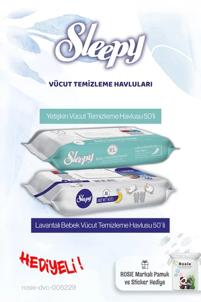 Sleepy Yetişkin ve Bebek Vücut Temizleme Havlusu 50 x 2 (100 yaprak) ve Rosie hediye ürün görseli