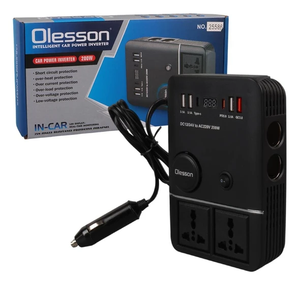 Olesson 1661 DC 12-24V 200W Oto Araç Power İnverter 2X Çakmak Girişi - 2X TYPE-C - 4X USB - 2X 220V Üniversal Priz - 5