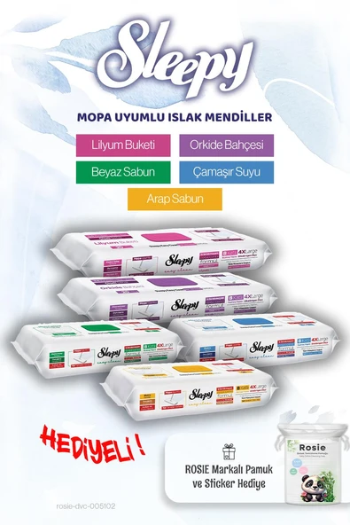 Sleepy Easy Clean Mopa Uyumlu 5'li Islak Mendil Paketi ve ROSIE pamuk hediye ürün görseli