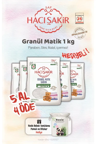 Hacı Şakir 5 AL 4 ÖDE 1 kg Granül Matik Çamaşır Deterjanı ve Rosie ürün görseli
