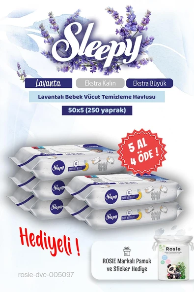 5 AL 4 ÖDE Lavantalı Bebek Vücut Temizleme Mendili 50'li ve Rosie pamuk ürün görseli