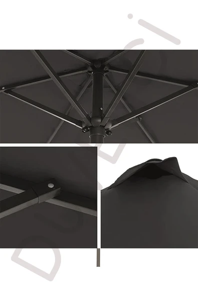 Alubrella Güneş Şemsiyesi Yuvarlak, 250 CM Çaplı, Antrasit Renkli Su Geçirmez Kumaş, Bidonsuz - Resim 3