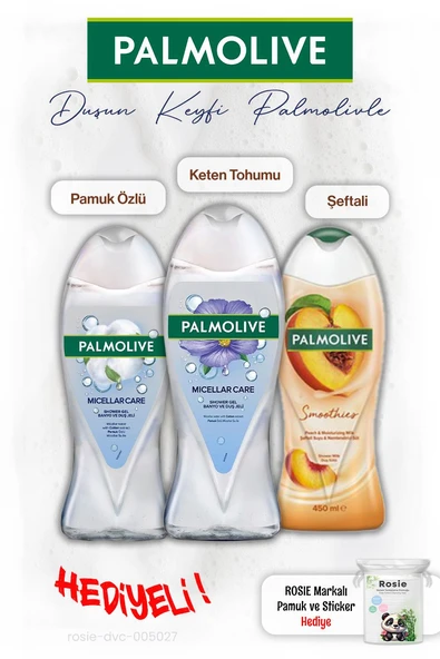 Palmolive 3'lü Duş Keten Tohumu ve Pamuk Özü 500 ml, Şeftali 450 ml, ROSIE hediye
