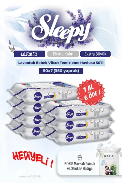 Sleepy 7 AL 6 ÖDE Lavantalı Bebek Vücut Temizleme Mendili 50'li ve Rosie pamuk ürün görseli