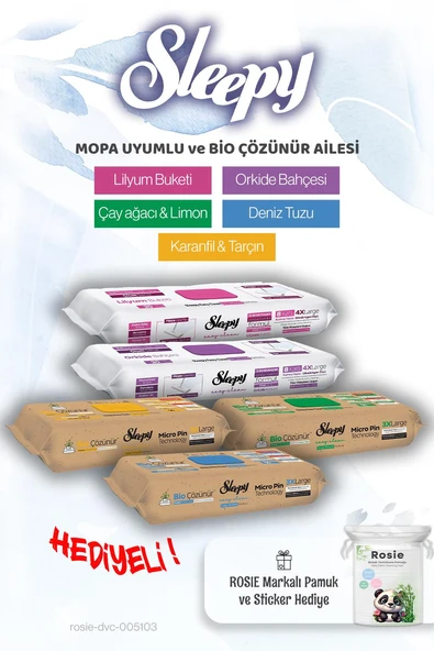 Sleepy Easy Clean Mopa Uyumlu ve Bio Çözünür ailesi 5'li Islak Mendil Paketi ve ROSIE hediye ürün görseli