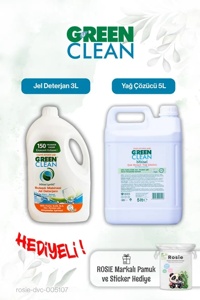 Green Clean Yağ Çözücü 5L, Bulaşık Mak. Jel Deterjan 3L ve Rosie pamuk hediye ürün görseli