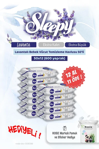 Sleepy 12 AL 11 ÖDE Lavantalı Bebek Vücut Temizleme Mendili 50'li  ve Rosie pamuk ürün görseli