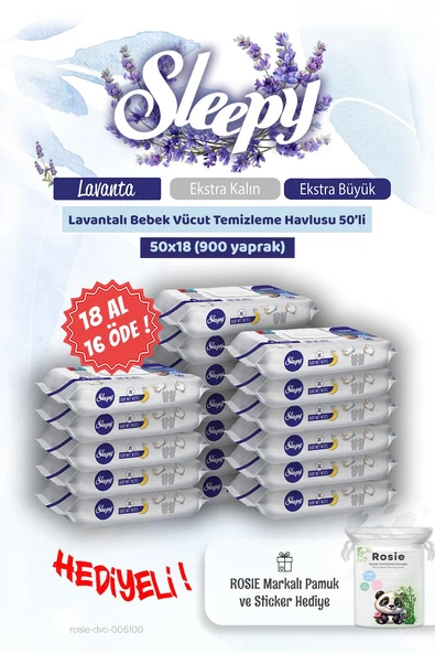 Sleepy 18 AL 16 ÖDE Lavantalı Bebek Vücut Temizleme Mendili 50'li ve Rosie Pamuk ürün görseli
