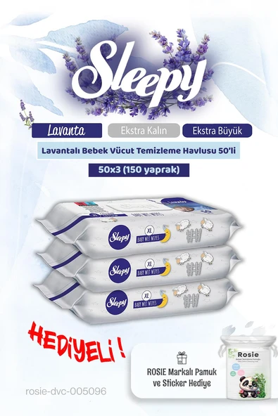 3 'lü Sleepy Lavantalı Bebek Vücut Temizleme Mendili 50'li ve Rosie Pamuk ürün görseli