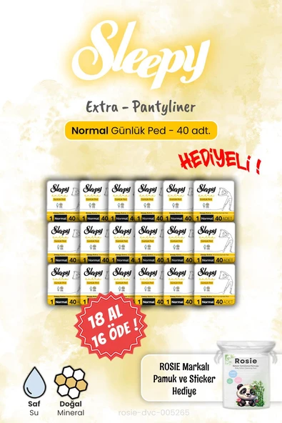 Sleepy 18 AL 16 ÖDE Extra 40'lı Günlük Ped Normal 40'lı ve Rosie Hediye ürün görseli