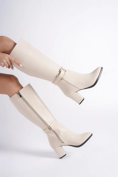 Kadın Paris Krem Tokalı Detaylı Yandan Fermuarlı Diz Altı Cizme 410