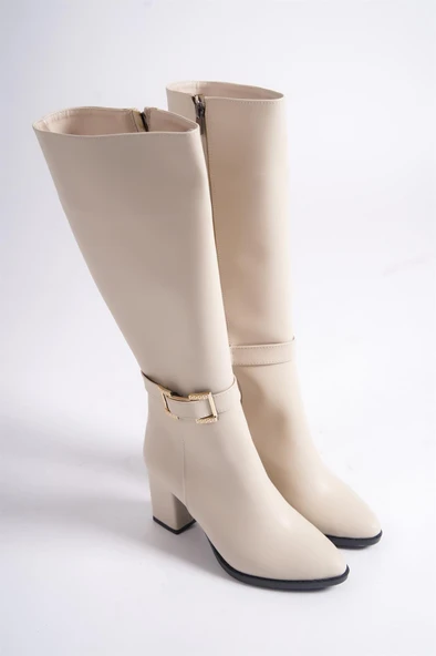 Kadın Paris Krem Tokalı Detaylı Yandan Fermuarlı Diz Altı Cizme 410 - 4