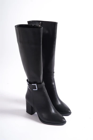 Kadın Paris Siyah Tokalı Detaylı Yandan Fermuarlı Diz Altı Cizme 410 - 4