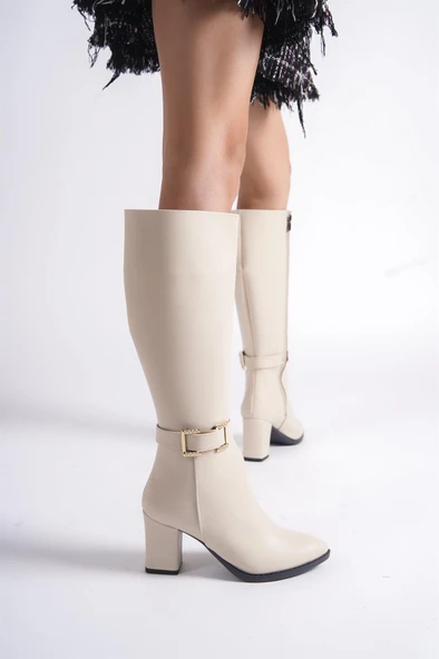 Kadın Paris Krem Tokalı Detaylı Yandan Fermuarlı Diz Altı Cizme 410 - 2