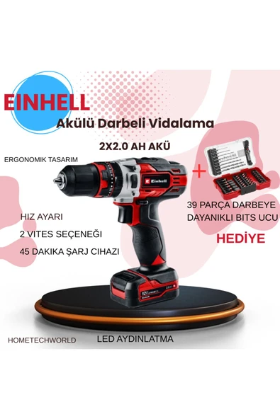 Einhell 12V 2x2.0 Ah Akülü Darbeli Vidalama+Einhell M-Case 39 Parça Matkap ve Bits Ucu Seti HEDİYE