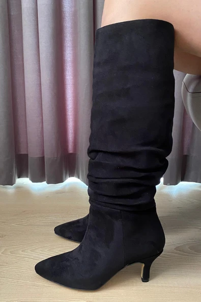 Kadın Tamara Siyah Süet Körüklü Sivri Burun Çivi Topuk Çizme - 4