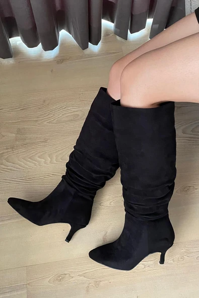 Kadın Tamara Siyah Süet Körüklü Sivri Burun Çivi Topuk Çizme - 2