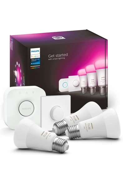 Philips Hue WCA 9-75W Renkli Akıllı Led Ampul Başlangıç Seti, 3'lü, Akıllı Butonlu, E27