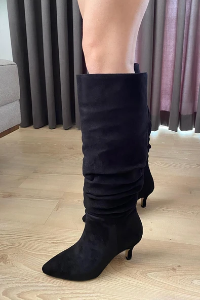 Kadın Tamara Siyah Süet Körüklü Sivri Burun Çivi Topuk Çizme - 5