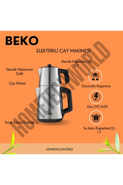 Beko 1650 W Gücünde Su ısıtıcı kapasitesi 1.7 Litre demlik kapasitesi 0.7litre Çay Makinesi