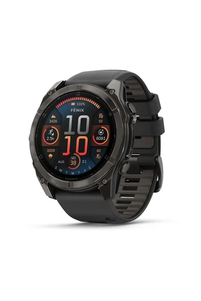 Garmin Fenix 8 – 51mm AMOLED Sapphire Karbon Gri DLC, Siyah/Gri Silikon Kayışlı