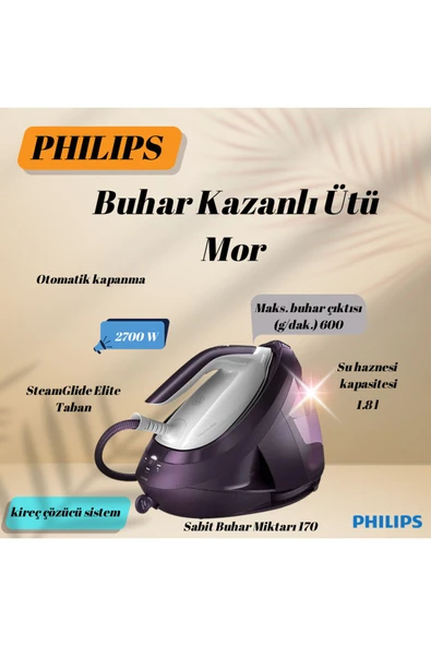 Philips Otomatik Olarak Buhar Veren ,600 gr/dk şok buharı ile 2700W Buhar Kazanlı Ütü