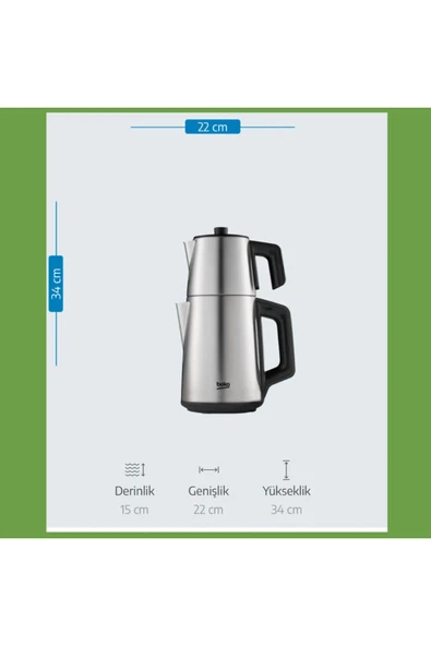 Beko 1650 W Gücünde Su ısıtıcı kapasitesi 1.7 Litre demlik kapasitesi 0.7litre Çay Makinesi - 5
