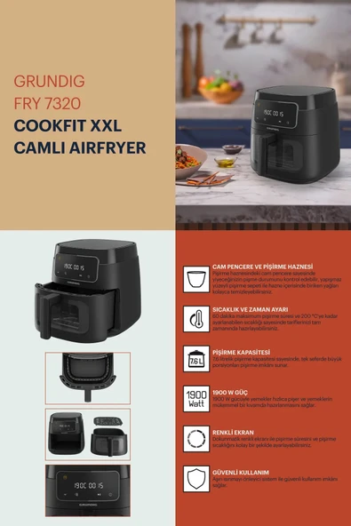 Grundig Fry 7320 Airfit XXL Camlı Airfryer 7,6 Litre Siyah, Pişirme Kabı - 5