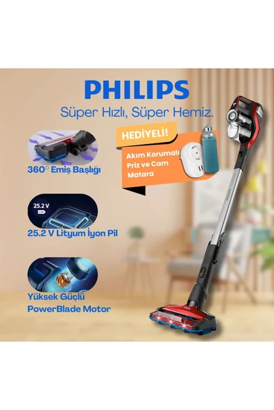 Philips XC7043/01 Şarjlı Dik Süpürge Kırmızı