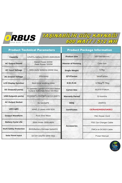 ORBUS 600W Power Station - 600 Watt Taşınabilir Güç Kaynağı - 4