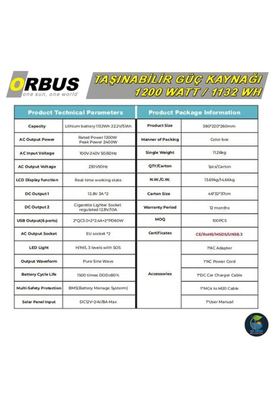 ORBUS 1200W Power Station - 1200 Watt Taşınabilir Güç Kaynağı - 1.2 kW - 3
