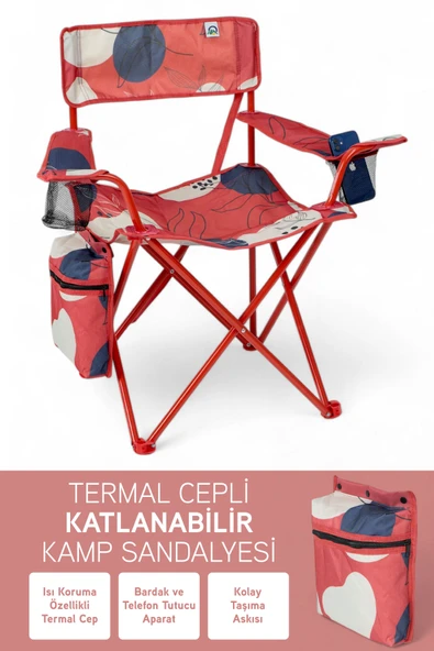 Perilla Qufi Termal Cepli Katlanır Telefon Tutma Aparatlı Kamp Piknik Sandalyesi Rejisör Koltuğu - Kırmızı - 1