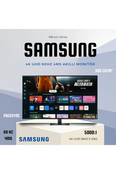 Samsung 43 inç 4K UHD 60Hz 4ms Akıllı Monitör  Siyah