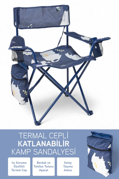 Perilla Qufi Termal Cepli Katlanır Telefon Tutma Aparatlı Kamp Piknik Sandalyesi Rejisör Koltuğu - Mavi - 1