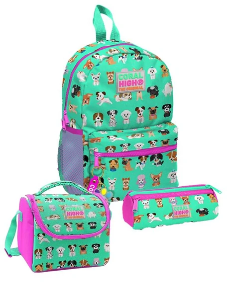 Coral High Kids Su Yeşili Neon Pembe Köpek Desenli 3lü Okul Çanta Seti ürün görseli