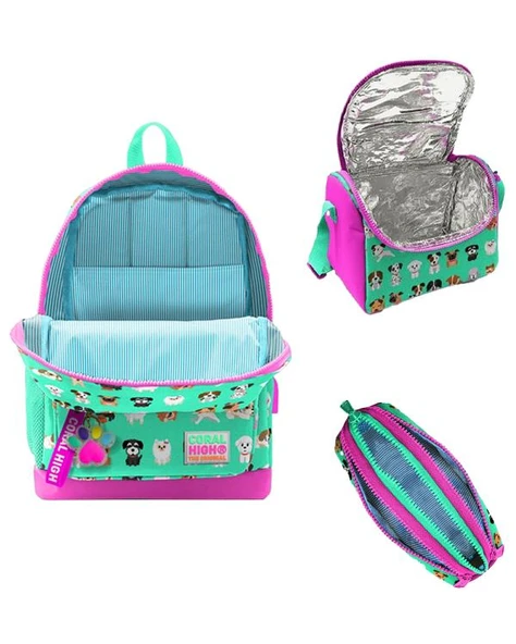 Coral High Kids Su Yeşili Neon Pembe Köpek Desenli 3lü Okul Çanta Seti - Resim 2