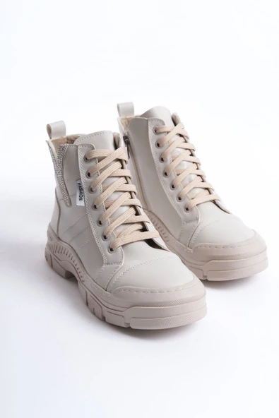 JET-AMBER Bağcıklı Fermuarlı Ortopedik TabanKadın Bot  CKT - Krem - Resim 5