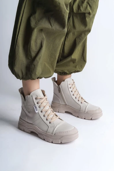 JET-AMBER Bağcıklı Fermuarlı Ortopedik TabanKadın Bot  CKT - Krem ürün görseli