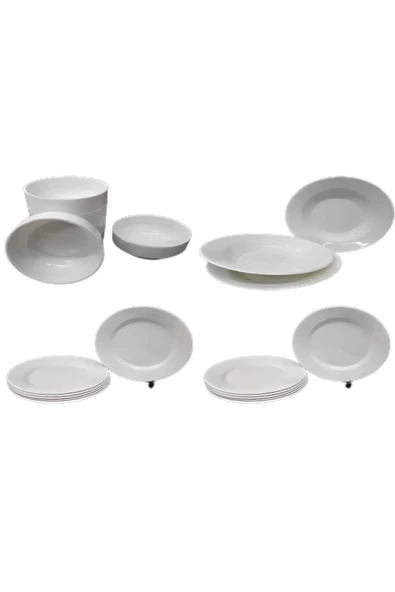Ermiya 49 Parça Öğrenci Bekar Karavan Beyaz Melamin Çay-Çorba-Kayık-Çukur-Servis Tabak Yemek Takımı