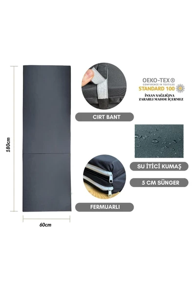 teknotrust Plastik TAŞINIR KATLANIR ŞEZLONG MİNDERİ KAMP MİNDERİ SU İTİCİ KUMAŞ FERMUARLI 5 CM(ANTRASİT) Gri - Resim 3