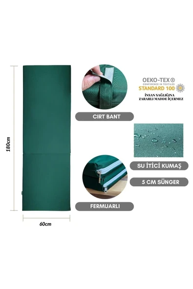 Ermiya 180*55*5 cm TAŞINIR KATLANIR ŞEZLONG MİNDERİ KAMP MİNDERİ SU İTİCİ KUMAŞ FERMUARLI 5 CM(YEŞİL) - Resim 3