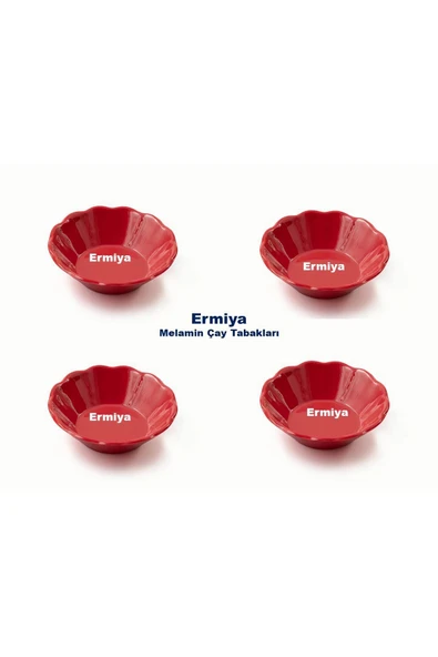 Ermiya 12 Adet Kırmızı Arya Hitit Moll Melamin Çay Tabağı 12 Ad Paslanmaz Çelik Çay Kaşığı - 1