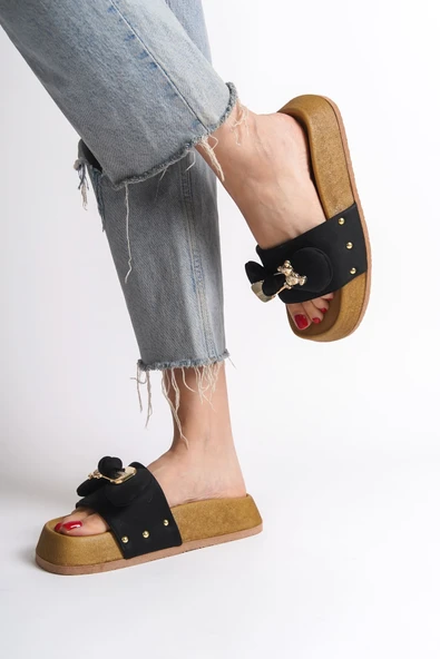 JET-DILA Kalın ve Ortopedik Taban Ayıcıklı Saten Kadın Terlik  SKT - Siyah - Resim 3