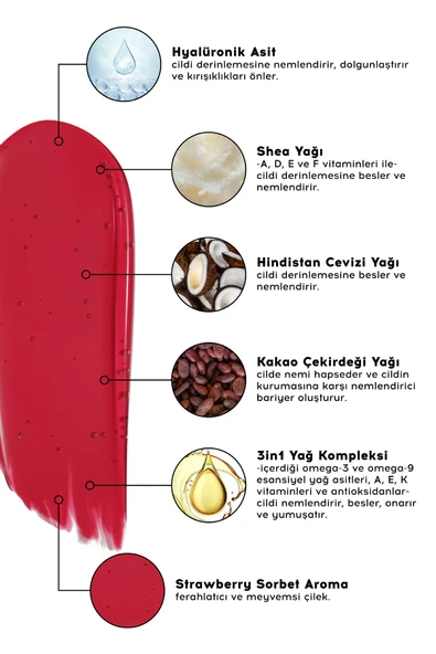 Cream Co. Nemlendirici Parlatıcı 3in1 Lip Balm | Dudak Bakım Strawberry Sorbet Kırmızı Hyaluronik Asit Seramid - 5